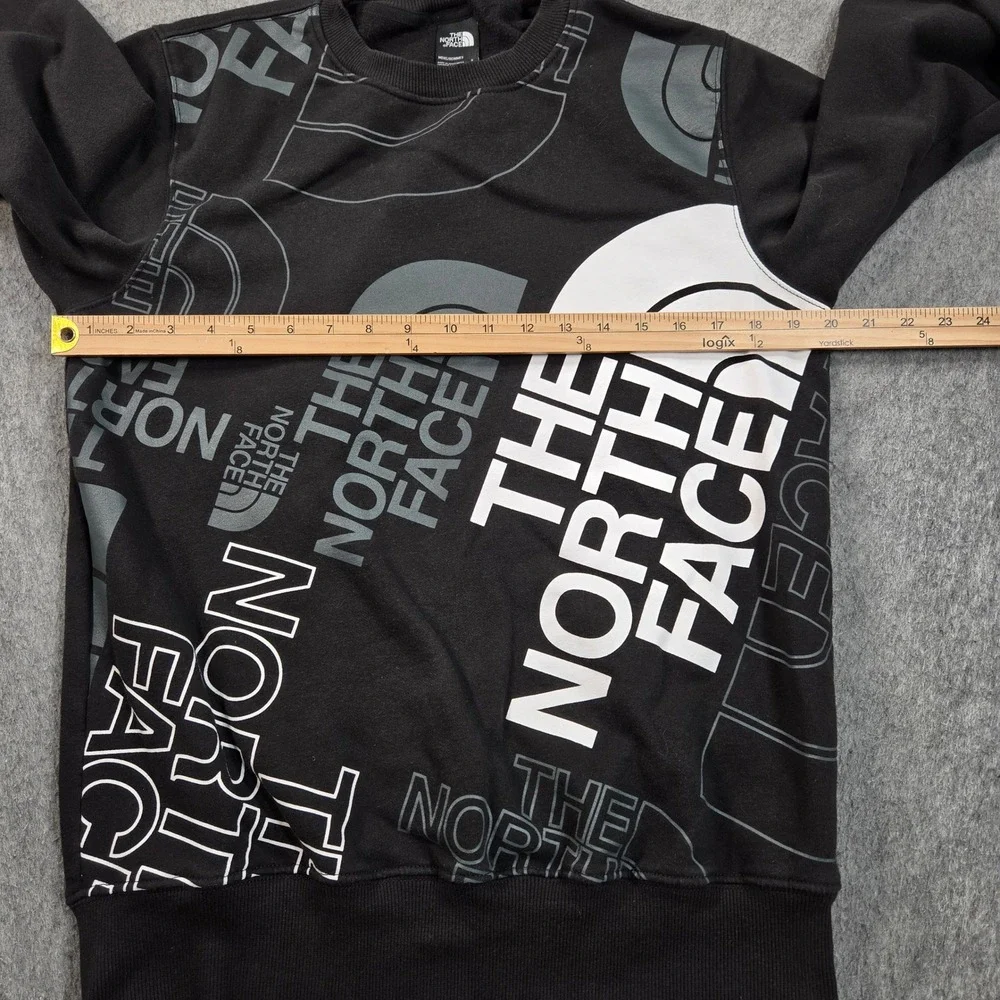 The North Face Sweatshirt Mens Small Black All Over Multi Logo Graphic Crewneck